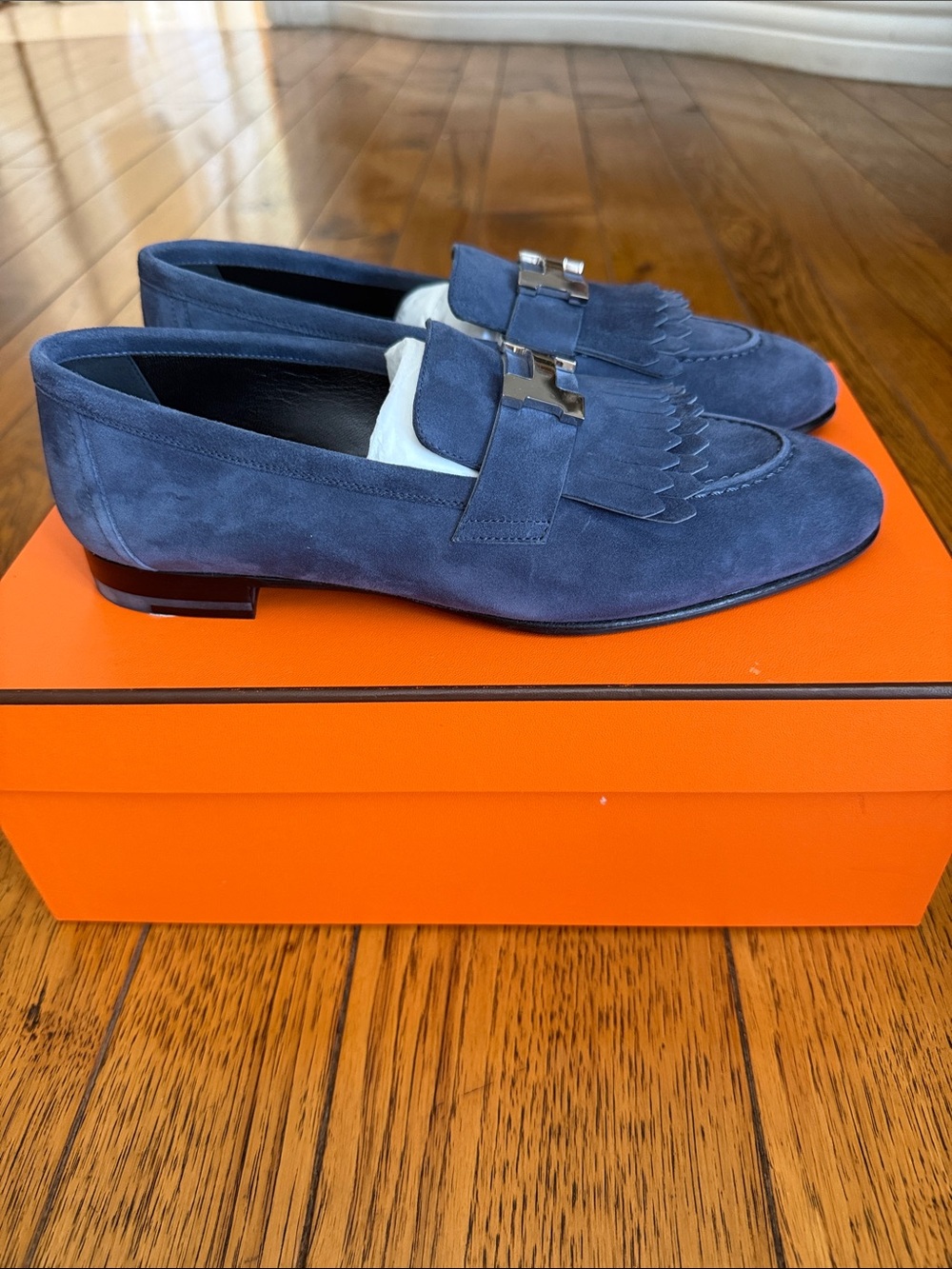 Hermes Navy Suede Tassel Loafers with Silver Bit